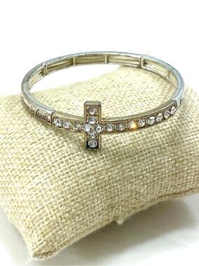 Vintage Crystal Cross Stretch Bracelet - Silver Tone